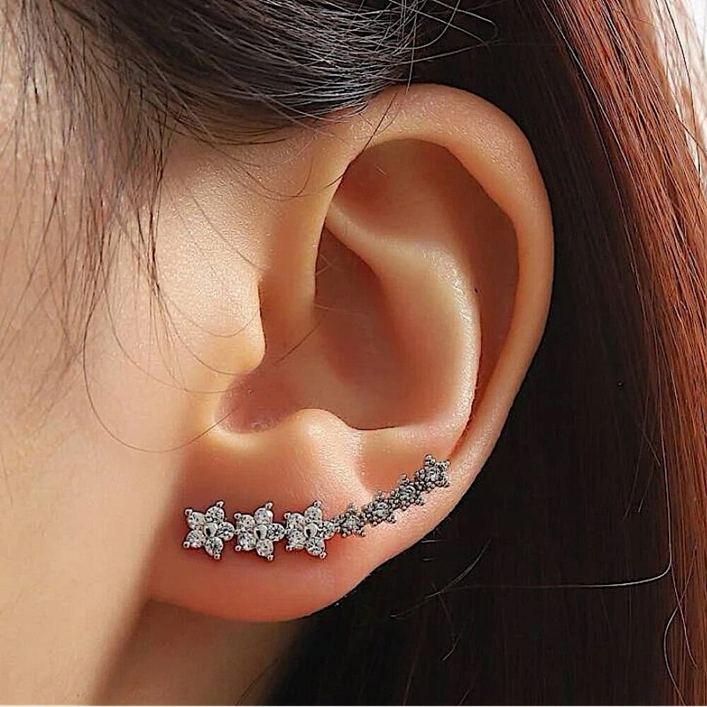 Silver Zircon Four Leaf Ear Climber